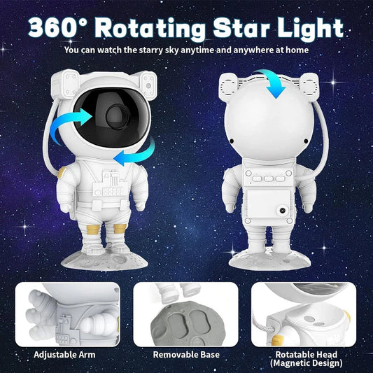 Astronaut Star Projector Lamp with 360-degree rotating head, detachable lunar base, and customizable astronaut pose