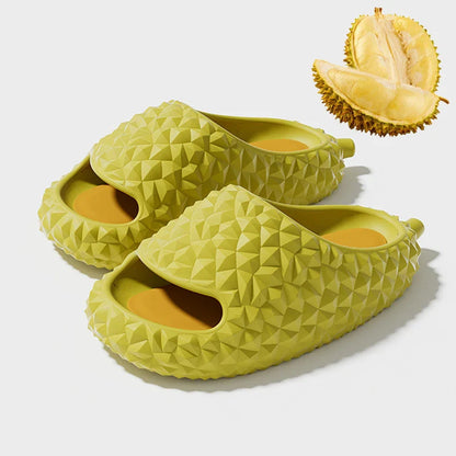 Durian-inspired slippers in vibrant Kiwi-friendly colours, featuring a non-slip EVA sole for comfort and safety