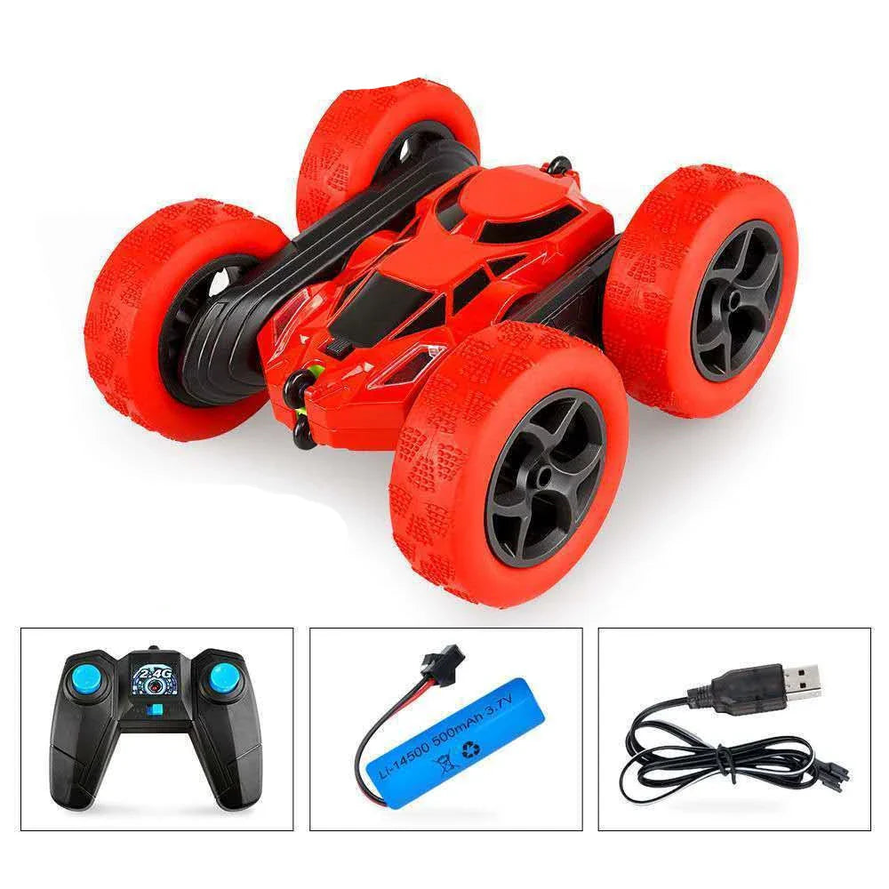 Futuristic off-road RC stunt car with 360-degree flip capability, rechargeable battery, and remote control