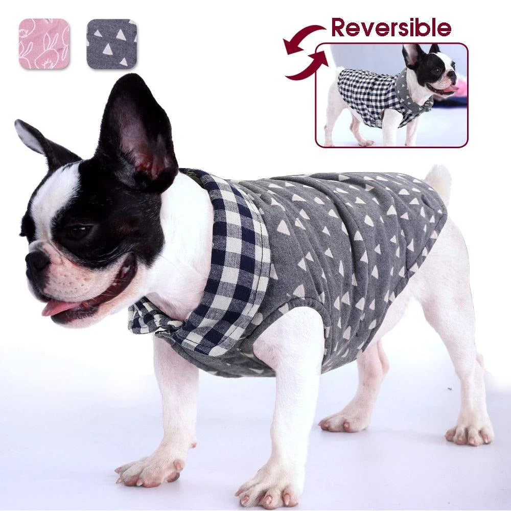 Stylish plaid pet vest for dogs in a variety of sizes, featuring a sleeveless design and durable polyester material.