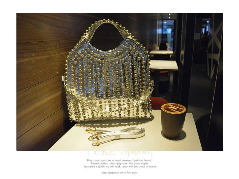 Stylish diamond-studded messenger bag with premium PU leather construction and sparkling rhinestones