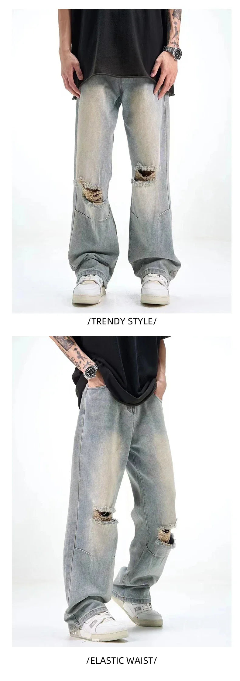 Versatile straight-leg slimming hiphop pants in light blue and black colors, available in sizes S to XXL