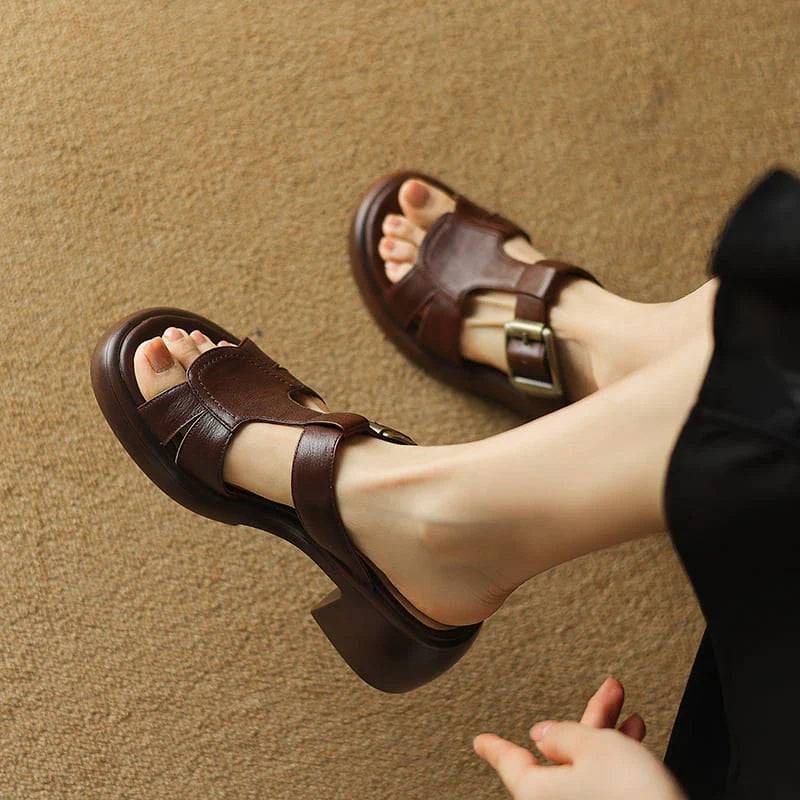 Premium cow leather sandals with a stylish buckle detail and a supportive square heel, perfect for Kiwi summer fashion.