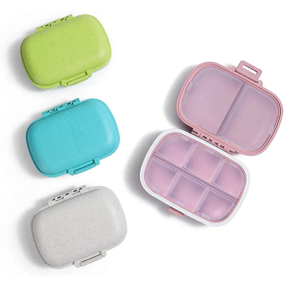 Compact and portable pill organiser with 8 compartments, perfect for Kiwi travellers to keep their daily vitamins and medications organised