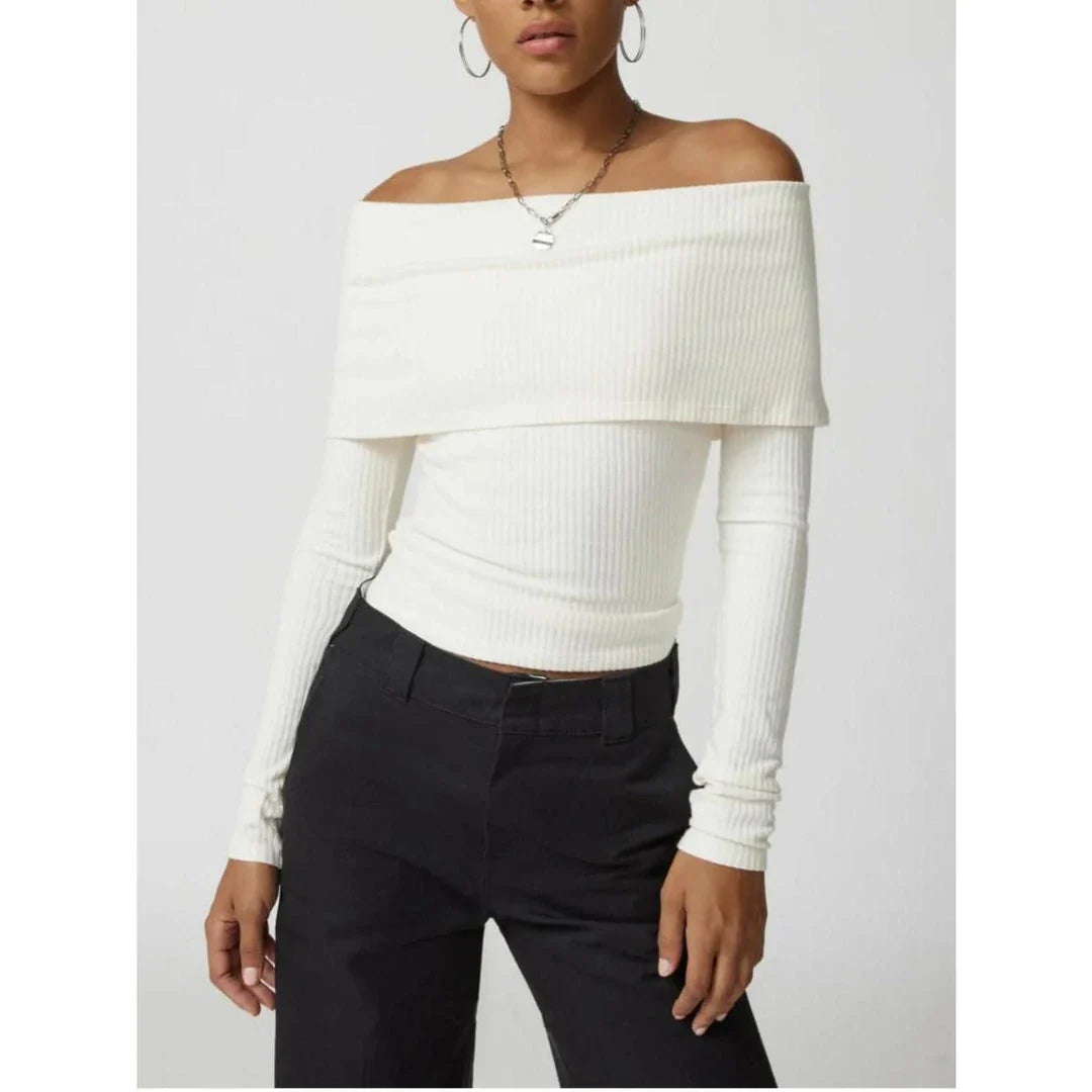 Elegant and comfortable merino wool knit sweater in a timeless design with an off-the-shoulder cut