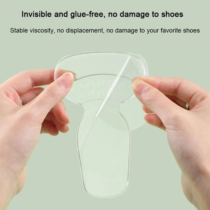 Invisible silicone heel protector stickers designed for comfortable, pain-free wear in high heels, boots, and other footwear