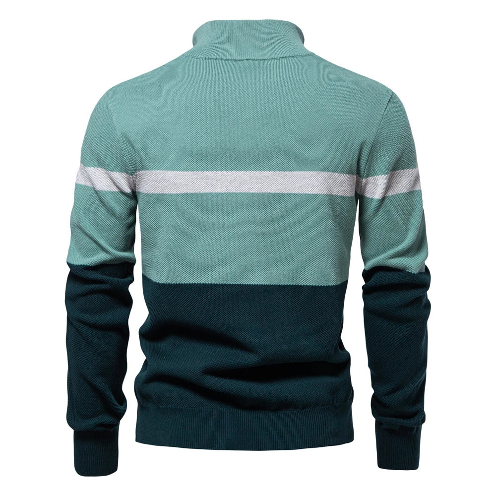 A stylish, slim-fit sweater in a modern colour-blocking design of Lake Green, White, and Grey, made with premium cotton for exceptional comfort and New Zealand casual style.