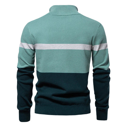 A stylish, slim-fit sweater in a modern colour-blocking design of Lake Green, White, and Grey, made with premium cotton for exceptional comfort and New Zealand casual style.