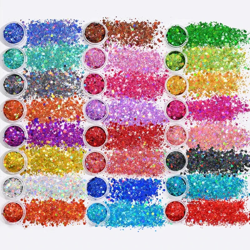 Assortment of laser holographic chunky nail glitters in various vibrant colors and sizes