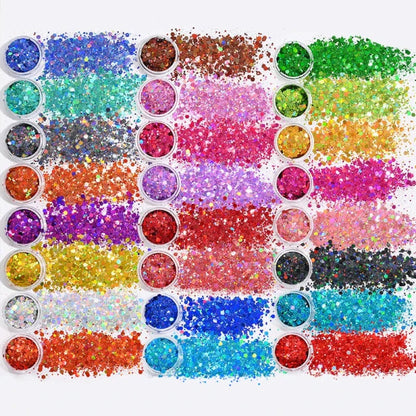 Assortment of laser holographic chunky nail glitters in various vibrant colors and sizes