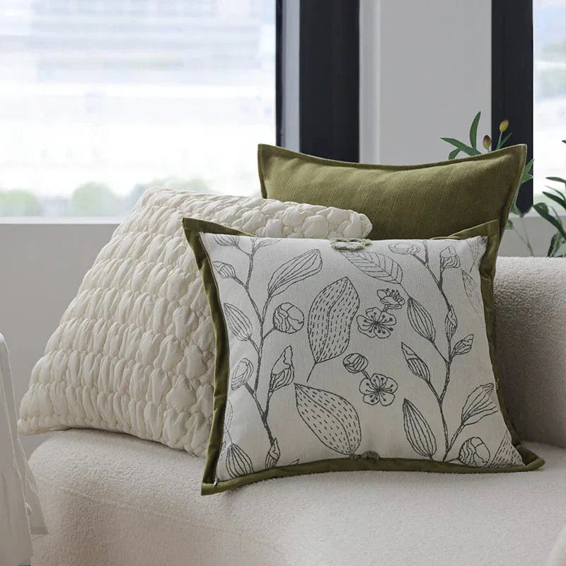 Cream Green Jacquard Cushion Cover - Decorative 45x45cm Pillow for Living Room, Bedroom, and Vehicle Decor