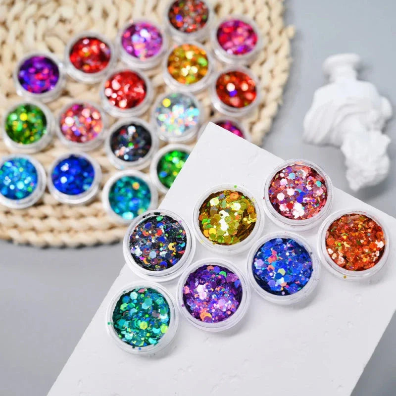 Assortment of laser holographic chunky nail glitters in various vibrant colors and sizes