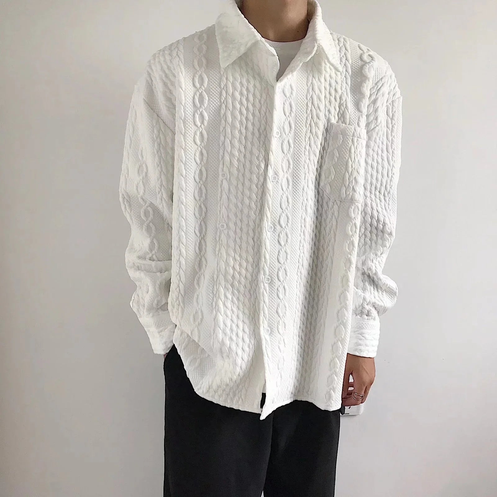 A relaxed-fit, long-sleeve men's shirt featuring a stylish Japanese-inspired hemp pattern in a versatile white color