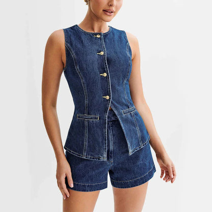 Stylish denim vest and high-waisted shorts set in a contemporary Kiwi-inspired design, perfect for summer fashion