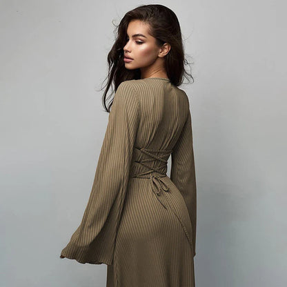Women's U-Neck Dress with Lace-Up Back and Long Bell Sleeves in Assorted Colours