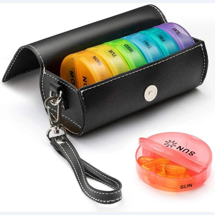 7-Day Pill Box Travel Weekly Medicine Organizer with clear day and night markings, made of durable, BPA-free materials