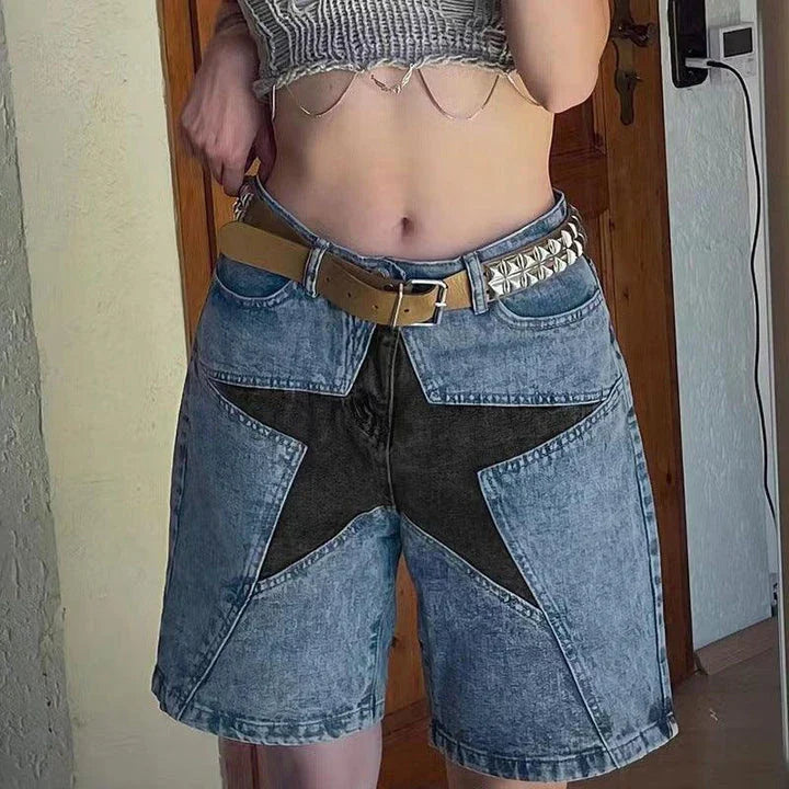 Loose Contrast Color Five-pointed Star Patch Denim Shorts in blue, featuring a relaxed, comfortable fit and unique star patch detailing