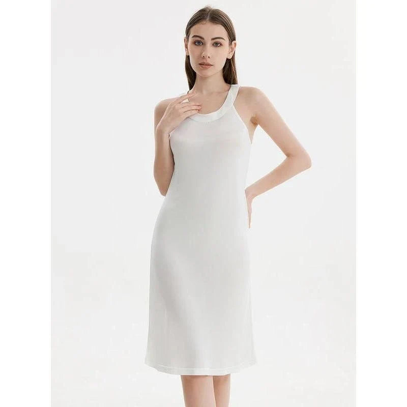 Elegant silk-blend halter midi dress in green and white, perfect for Kiwi women's summer fashion