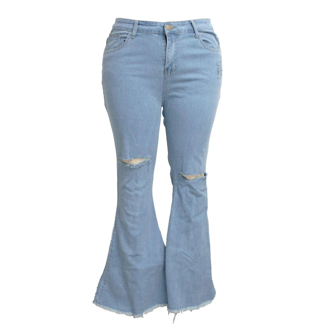 Stylish stretch denim flare jeans in black and light blue colors, featuring a high-waisted, bell-bottom design for a flattering, retro-inspired look.