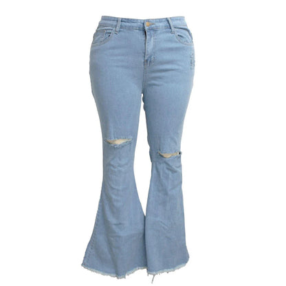 Stylish stretch denim flare jeans in black and light blue colors, featuring a high-waisted, bell-bottom design for a flattering, retro-inspired look.