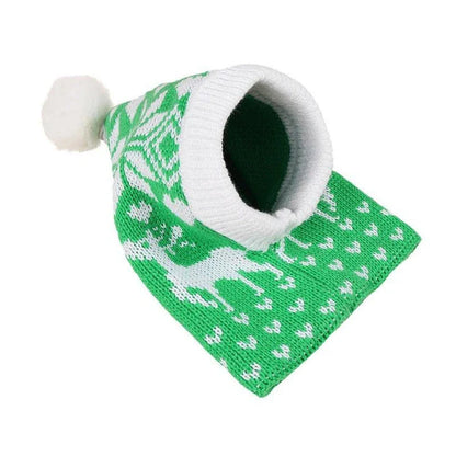 Cosy knitted pet hat with festive elk and snowflake design in various colours and sizes