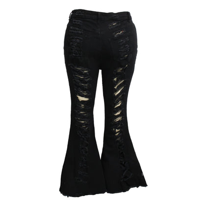 Stylish stretch denim flare jeans in black and light blue colors, featuring a high-waisted, bell-bottom design for a flattering, retro-inspired look.