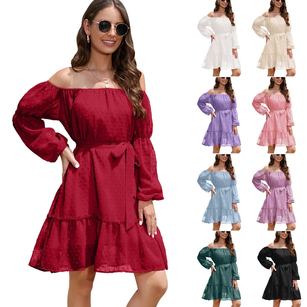 Stylish one-shoulder chiffon dress with bubble dot ruffle design and tie-waist silhouette