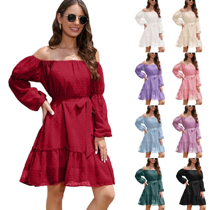 Stylish one-shoulder chiffon dress with bubble dot ruffle design and tie-waist silhouette