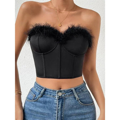 A stylish furry trim corset top in a flattering fit, perfect for adding a touch of glamour to any outfit.
