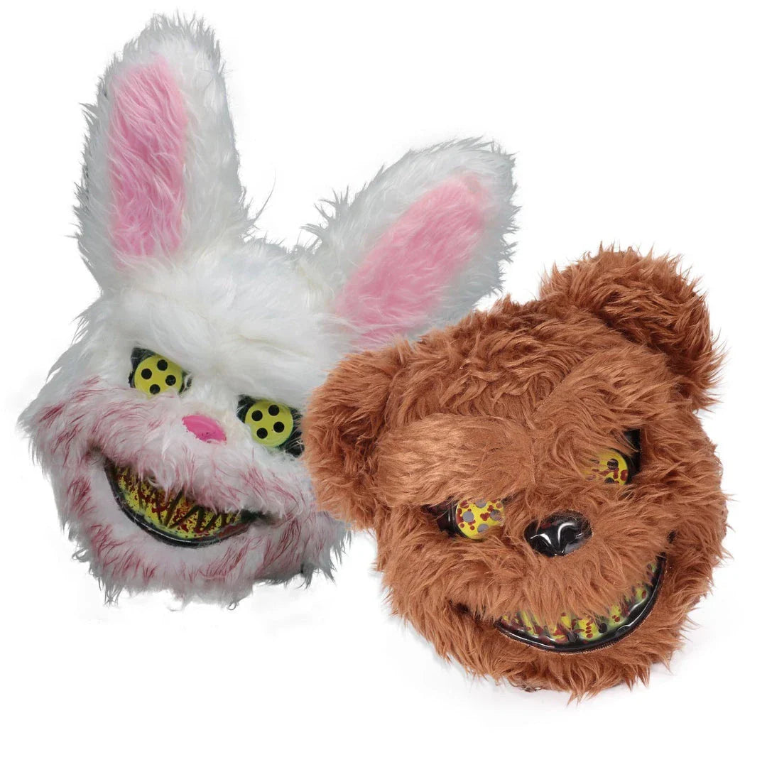 A creepy and realistic plush bunny mask with long pink ears, a bloody mouth, and glowing green eyes - perfect for Halloween and costume parties.