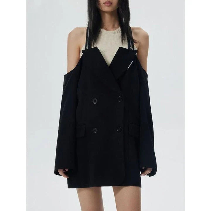 Stylish halter neck double-breasted black blazer for Kiwi women, featuring a unique design and premium materials