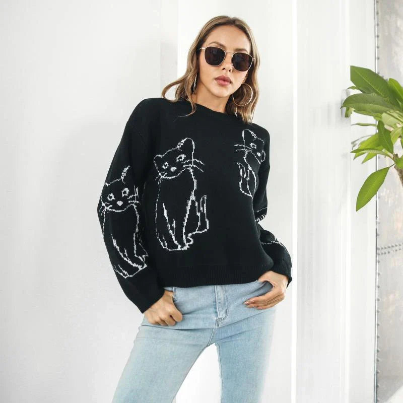 Relaxed-fit women's pullover sweater with cozy cat brocade pattern, perfect for autumn and winter in New Zealand