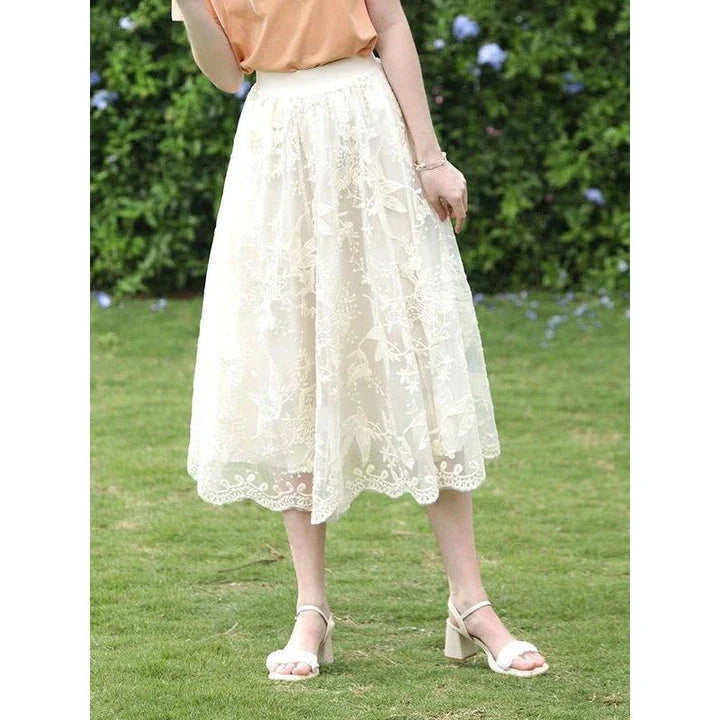 Elegant Summer Floral Lace A-Line Skirt with intricate lace detailing and a flattering A-line silhouette