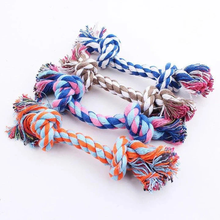 Chew-tastic braided cotton dog toy in the shape of a bone, available in brown and grey colours