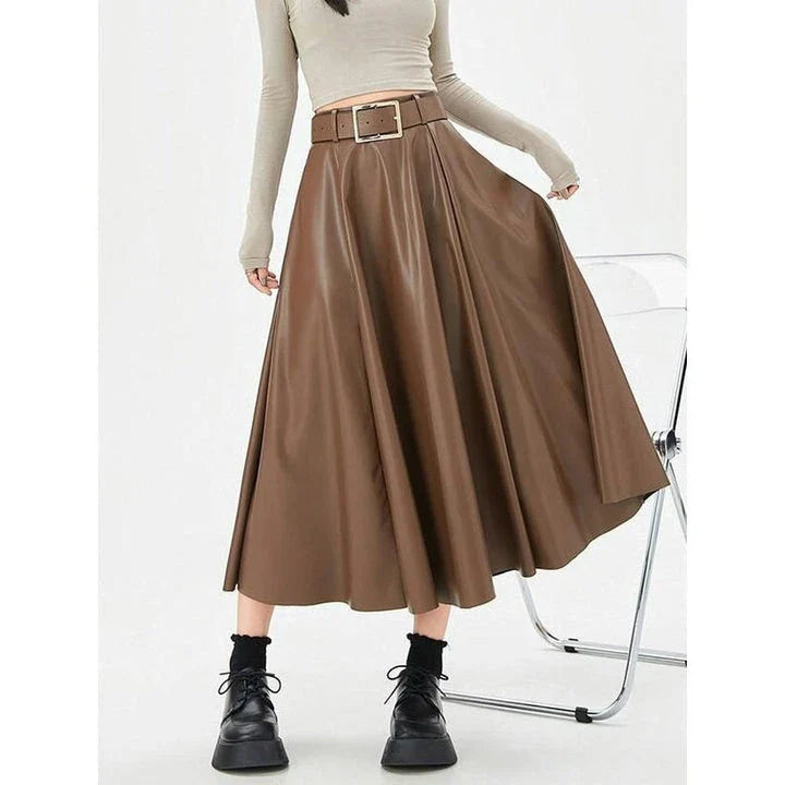 Shopfluxpro NZ Timeless Elegant High-Waist Faux Leather Skirt with Stylish Belt