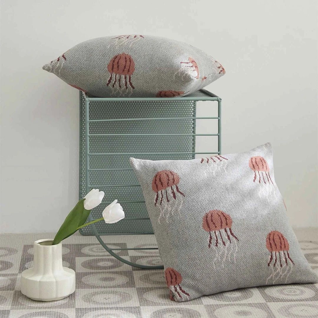 Elegant jellyfish-patterned knit cotton cushion cover in gray and green colours