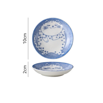 Ceramic Porcelain Dish with Hand-Painted Lucky Cat Design for Serving Sauces, Dips, and Desserts