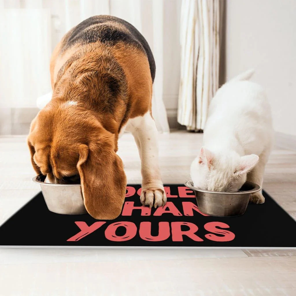 Sarcastic and stylish pet food mat with rubber backing to prevent slipping and spills for cats and dogs