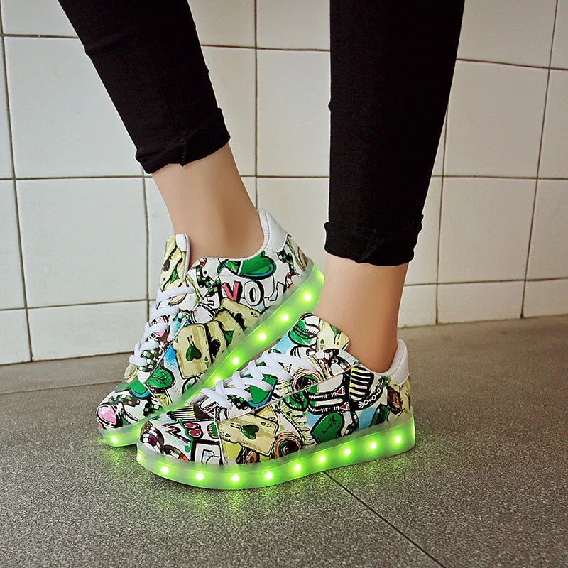 Trendy Luminous Shoes with graffiti-inspired design and vibrant LED lights