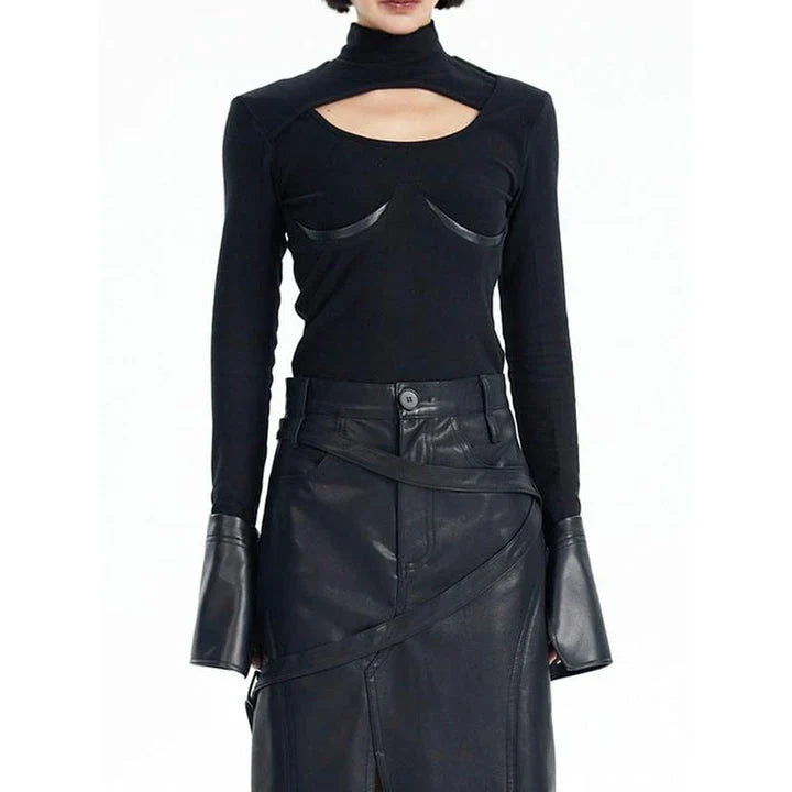 Stylish knitted pullover with PU leather patchwork, available in black and various sizes