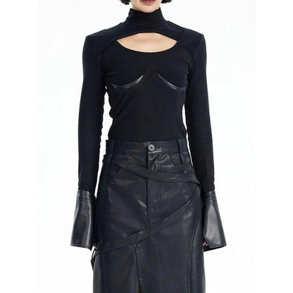 Stylish knitted pullover with PU leather patchwork, available in black and various sizes