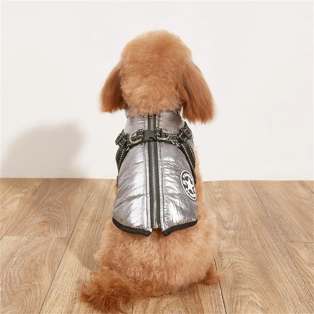 A stylish and practical waterproof dog coat with a built-in harness, designed to keep your pet warm, dry, and safe during outdoor activities.