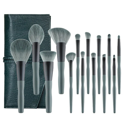 14 piece makeup brush set with banana-themed carry cases, crafted with corrugated silk nylon bristles and wooden handles