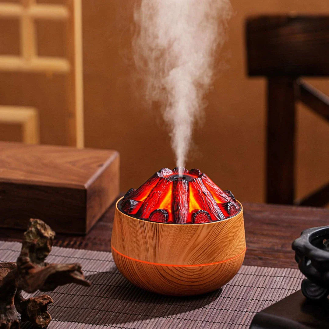 Flame Mountain USB Air Humidifier Diffuser with volcano-inspired design and 300ML capacity for continuous mist