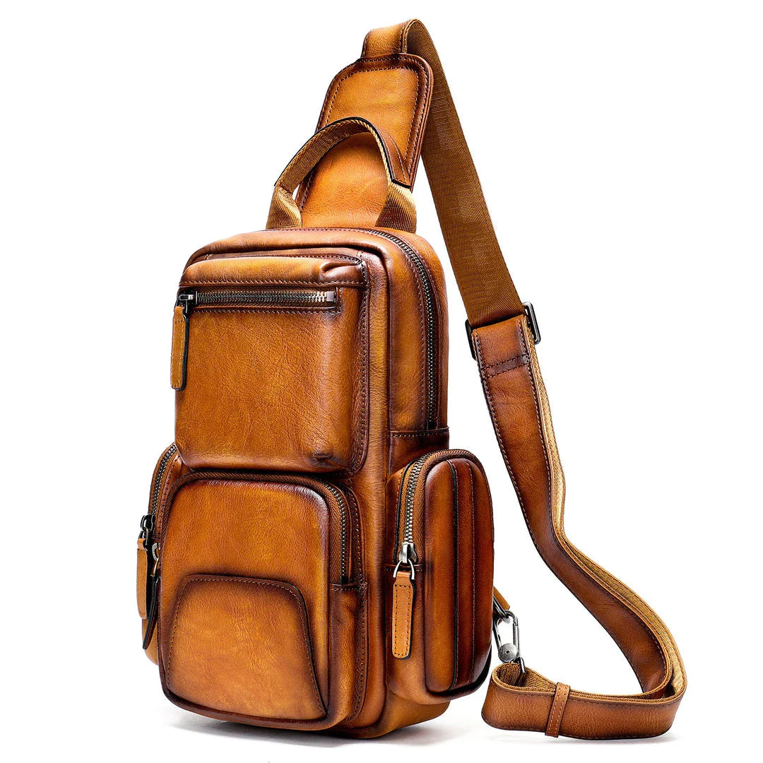 Rugged, premium leather chest bag with polyester cotton lining, designed for the active Kiwi lifestyle