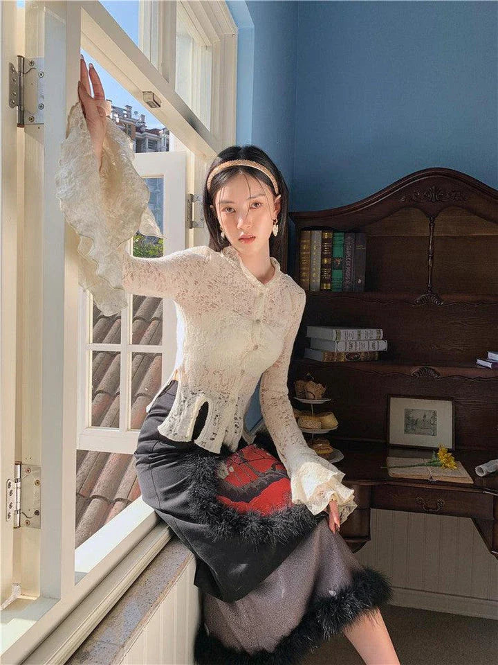 Lace patchwork shirt with ruffled sleeves in a beige color, perfect for casual and formal occasions