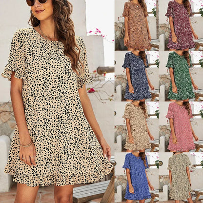 Stylish leopard print midi dress with a ruffled skirt, round neckline, and pullover design for a chic, effortless look.