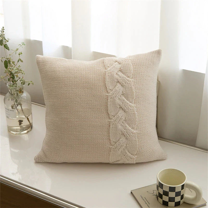 Soft, fluffy acrylic knitted pillow case with unique Nordic twist design in four colour options