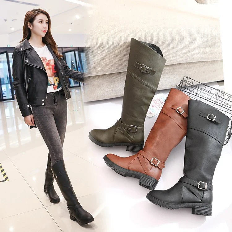 Women's boots with low heels and round toes, available in multiple colors and sizes for a comfortable and stylish look.