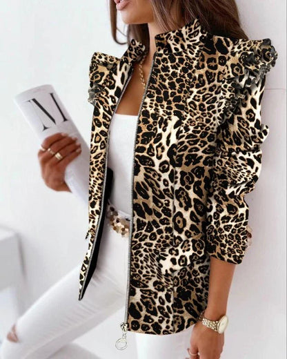 Stylish check leopard print zip ruffle jacket for Kiwi women featuring a sleek and modern design with premium materials.